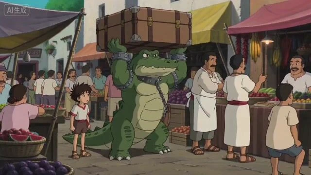 Японский рынок в стиле Ghibli с крокодилом-слугой