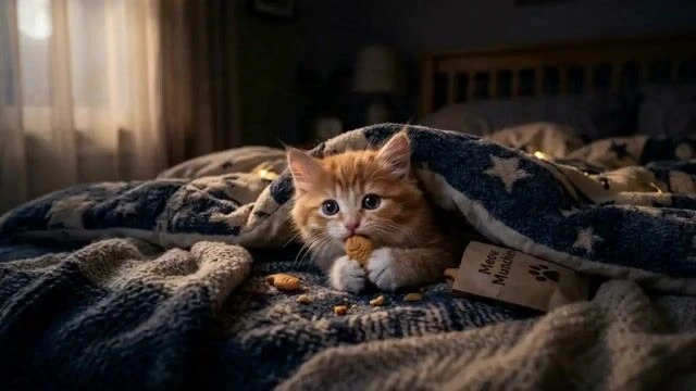 Кинематографичный промпт: Котёнок тайком ест снеки