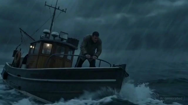 Человек на лодке, атакованный морским чудовищем