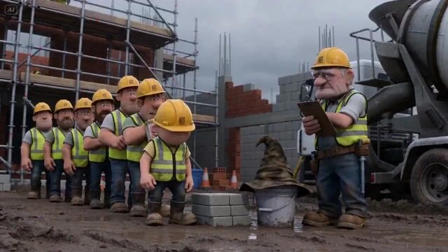 Промпт очереди строителей в стиле Pixar (0–5 сек.)