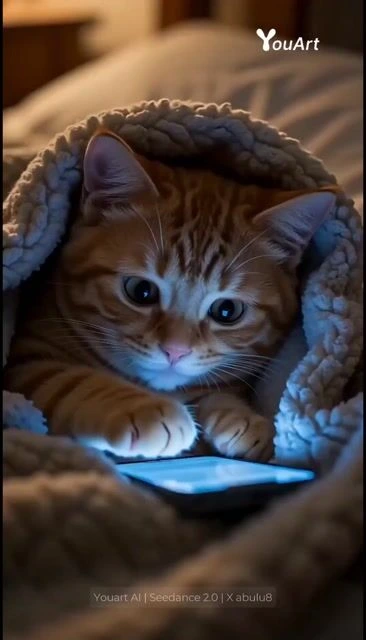 Шаловливый котёнок листает телефон под одеялом