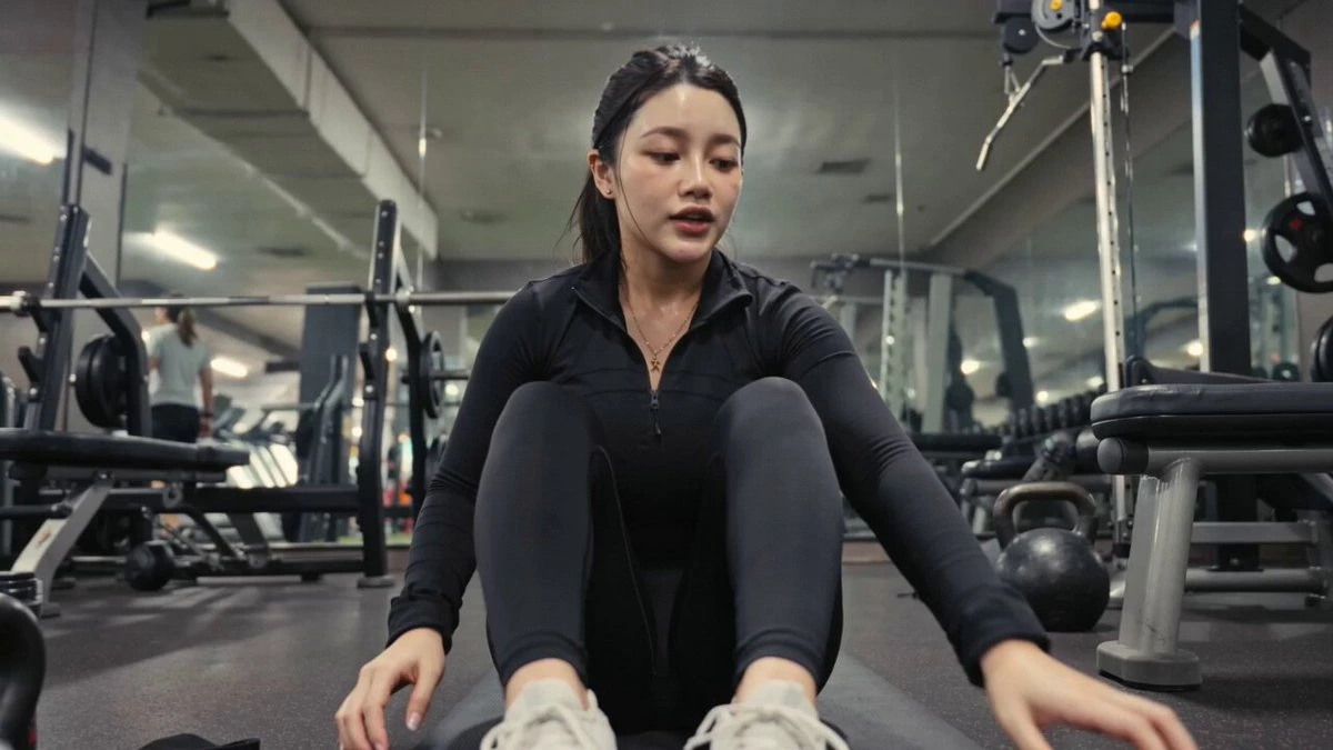 Корейский айдол в тренажёрном зале с фитнес-лентами